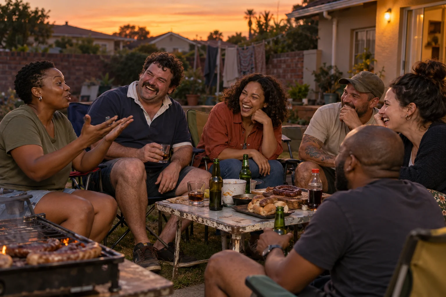 Vriende met verskillende persoonlikhede lag en vertel stories by ’n braai teen sononder