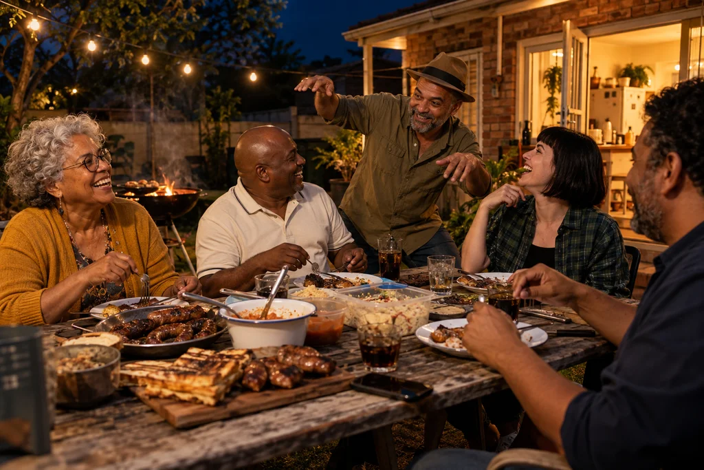 ’n Gemengde groep volwassenes lag saam oor ’n tafel vol braaikos in ’n gewone agterplaas