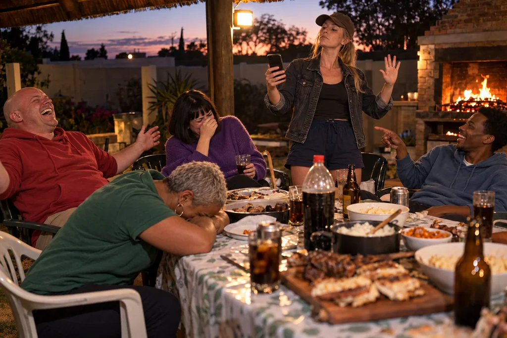 Een speler gee raad met oortuiging terwyl die beller en die ander vriende langs die braai luister